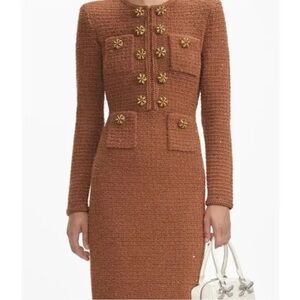 Self-Portrait Brown Tweed Dress with Gold Accents